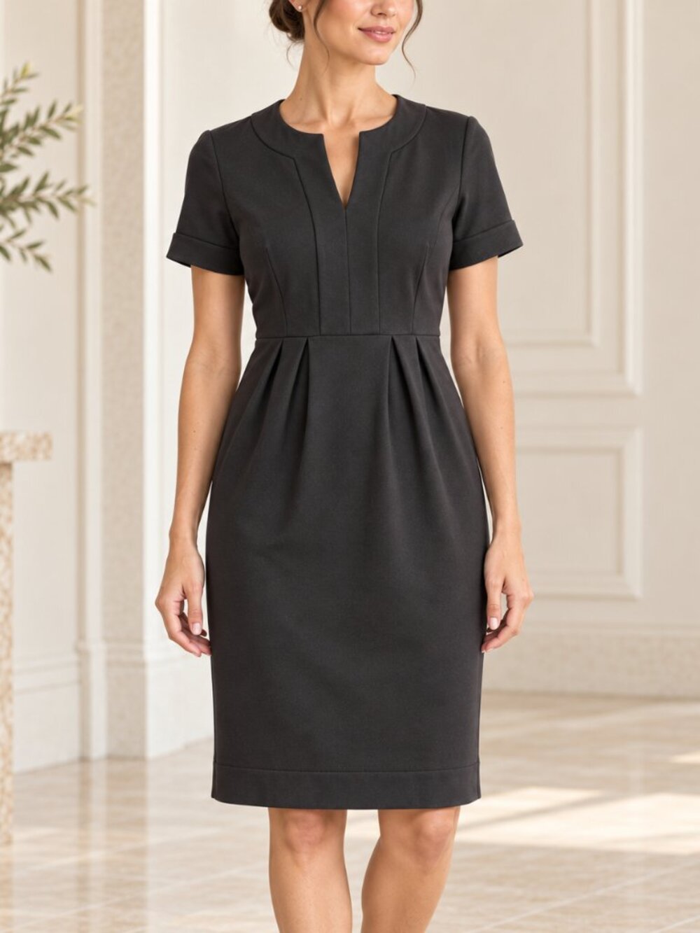 Calvin Klein Black Split Neck Pleated Sheath Dress Size 2